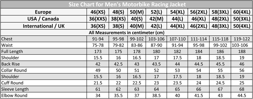 Size-Chart-for-Mens-Motorbike-Racing-Jacket