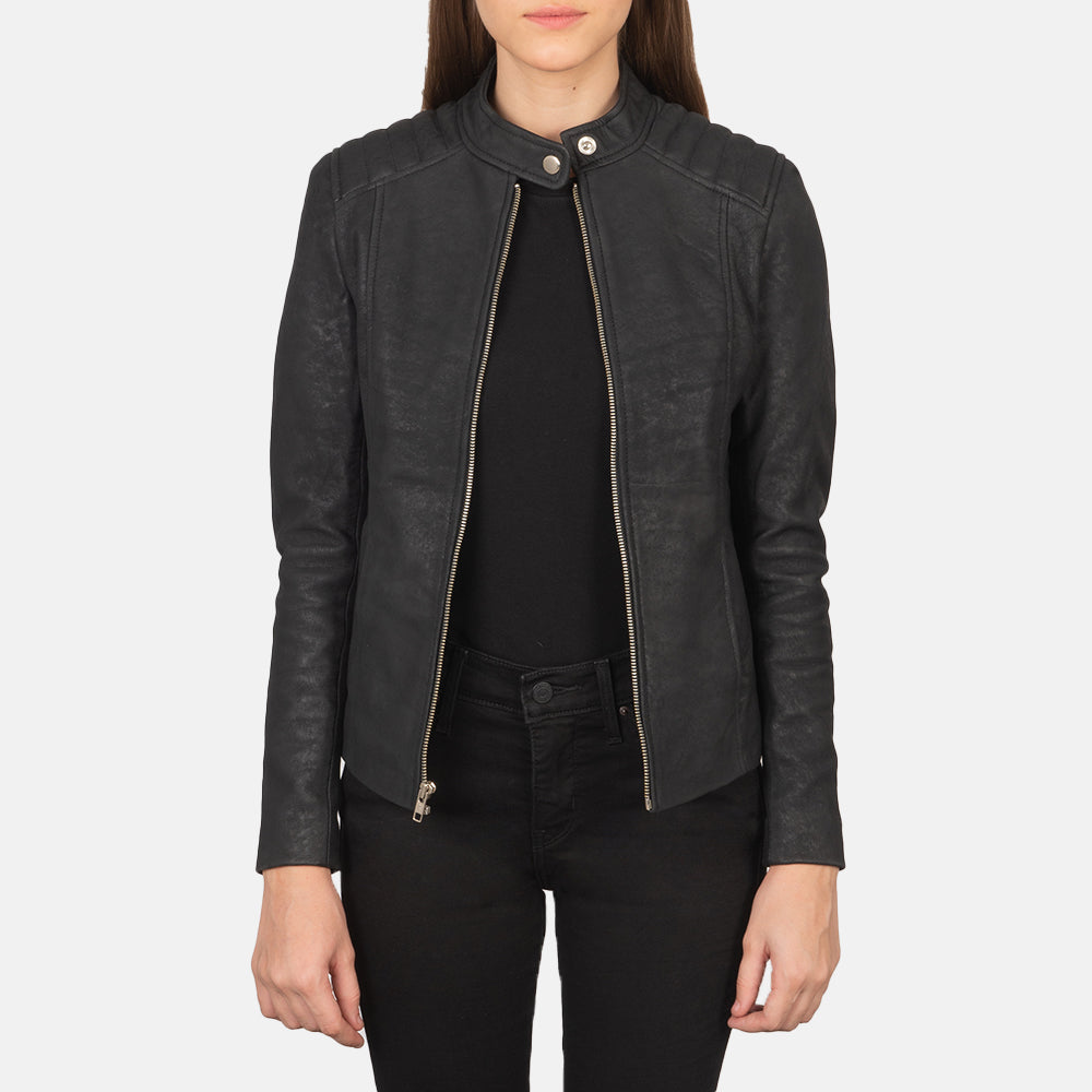 Women Kelsee Distressed Black Leather Biker Jacket