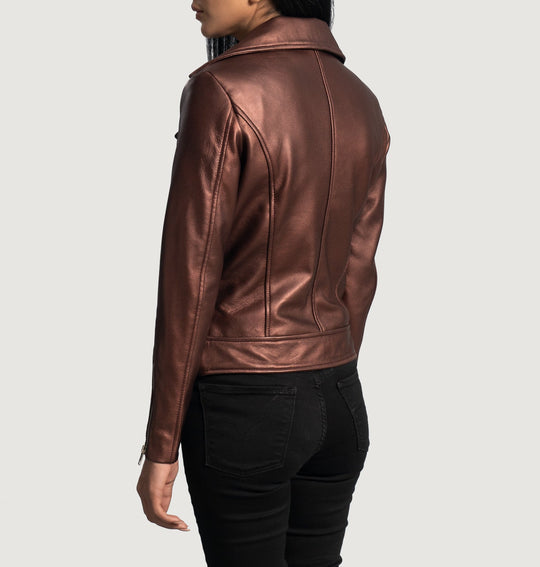 Women Rumy Maroon Leather Biker Jacket - Image 3