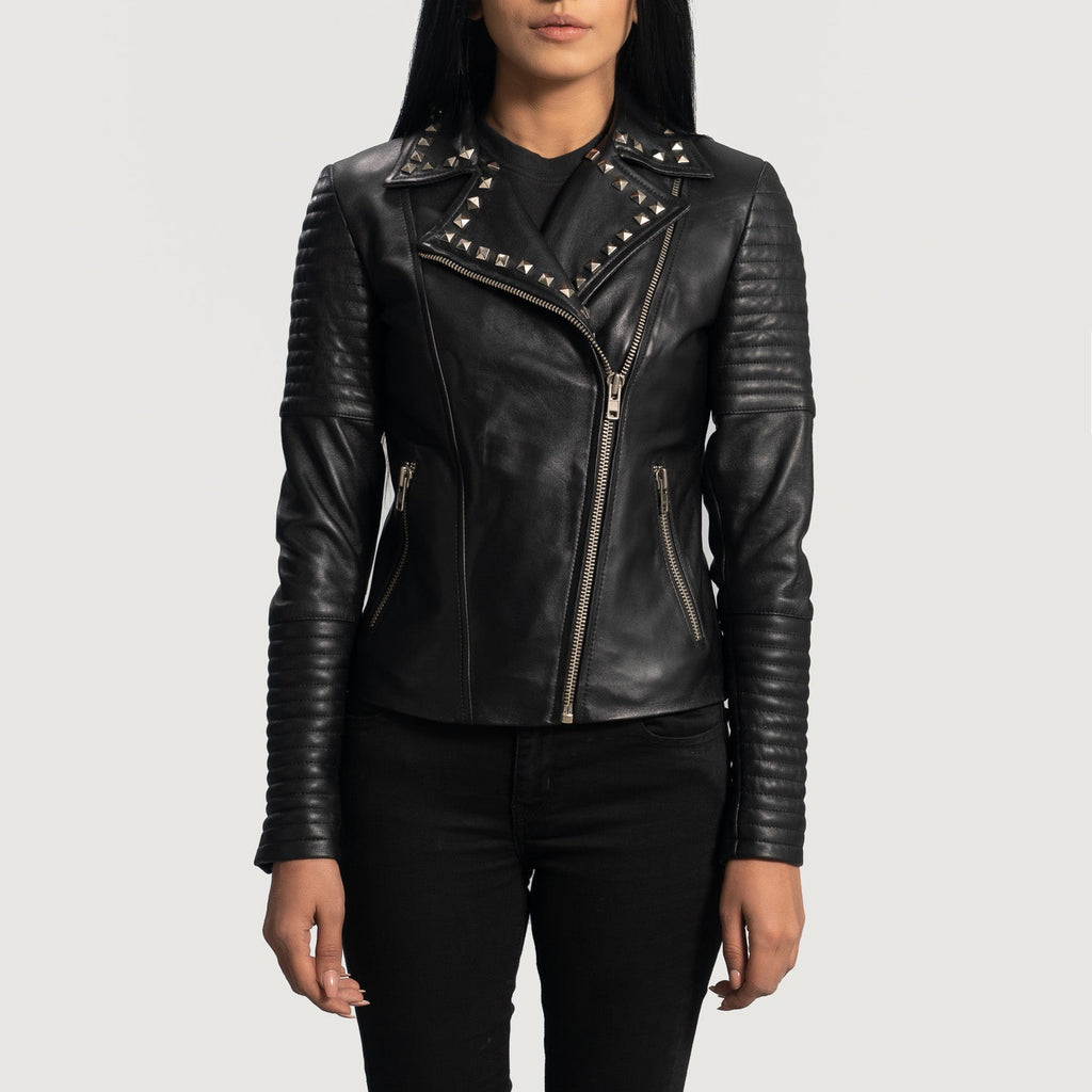 Women Sally Mae Studded Black Leather Biker Jacket