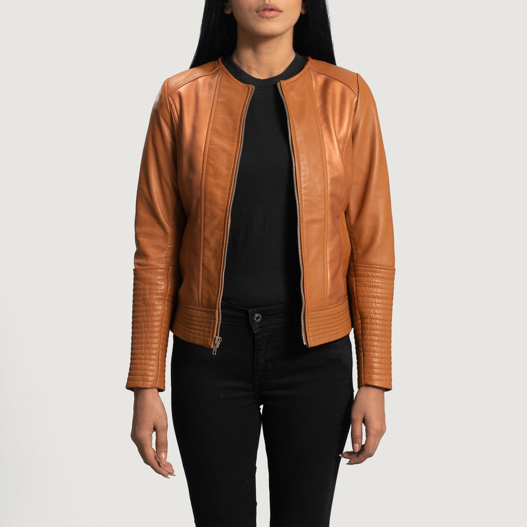 Women Sleeky Clean Tan Leather Biker Jacket