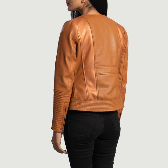 Women Sleeky Clean Tan Leather Biker Jacket - Image 3