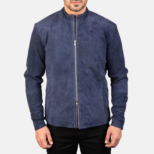 Men Charcoal Navy Blue Suede Biker Jacket - Image 2