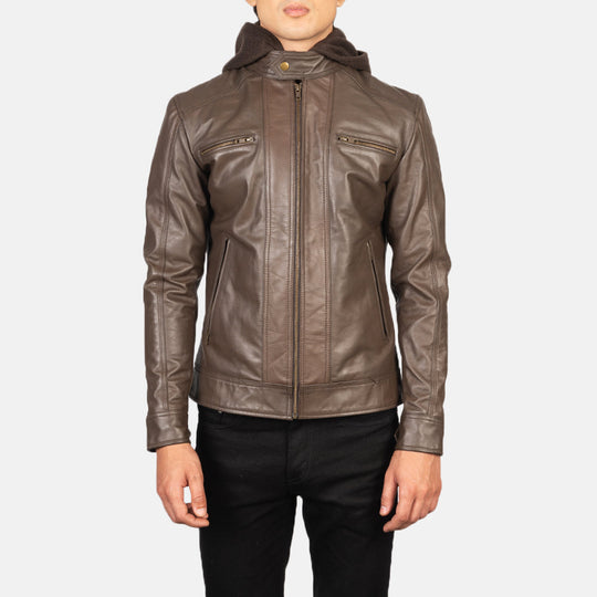 Men Hector Brown Hooded Leather Biker Jacket - Image 2