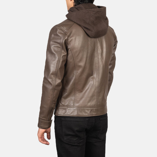 Men Hector Brown Hooded Leather Biker Jacket - Image 3