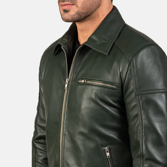Men Lavendard Green Leather Biker Jacket - Image 2