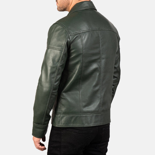 Men Lavendard Green Leather Biker Jacket - Image 3