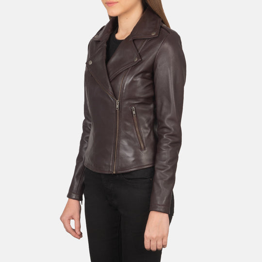 Women Flashback Maroon Leather Biker Jacket - Image 2