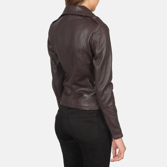 Women Flashback Maroon Leather Biker Jacket - Image 3
