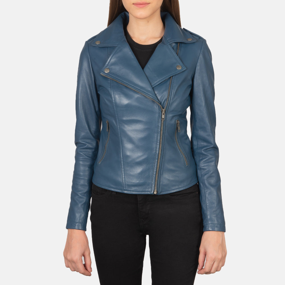 Women Flashback Blue Leather Biker Jacket