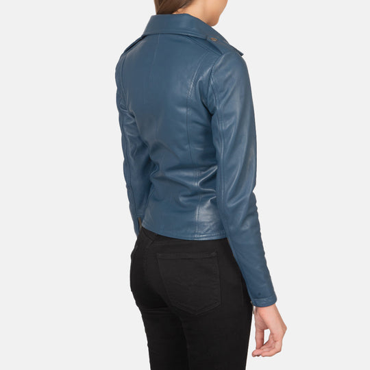 Women Flashback Blue Leather Biker Jacket - Image 3